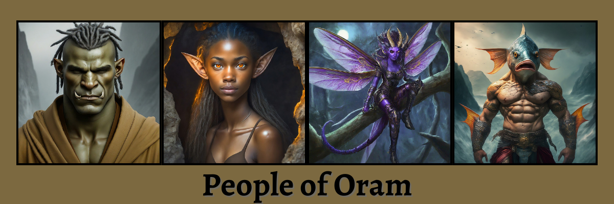 Fantasy author K.T. Pike's People of Oram website cover depicting an ukulu, pexri elf, faerie, and mer-person