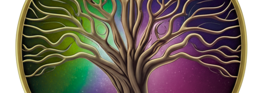 A round, medallion-like logo featuring a large, ancient tree with dark, gnarled branches and visible roots. The background behind the tree is a gradient of deep green, blue and purple, resembling a mystical night sky without a moon. The entire design is encircled by a golden border, giving it the appearance of an ornate coin or emblem.