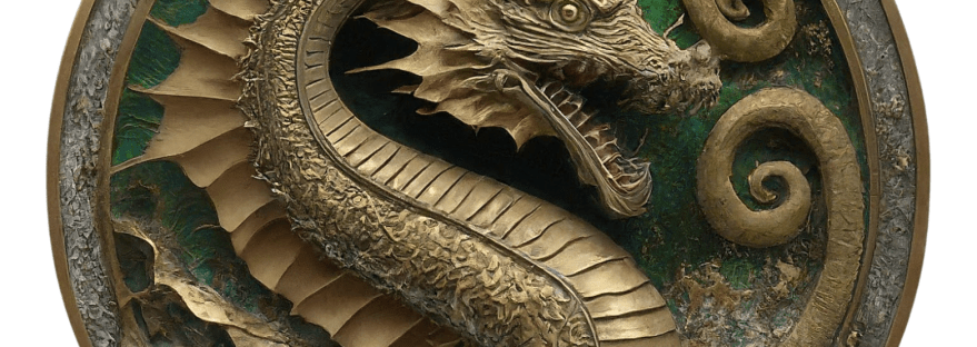 A golden coin medallion, intricately designed with the image of a majestic fantasy sea monster dragon, appearing to be crafted from gold leaf. The sea dragon is presented against a vibrant emerald green background.