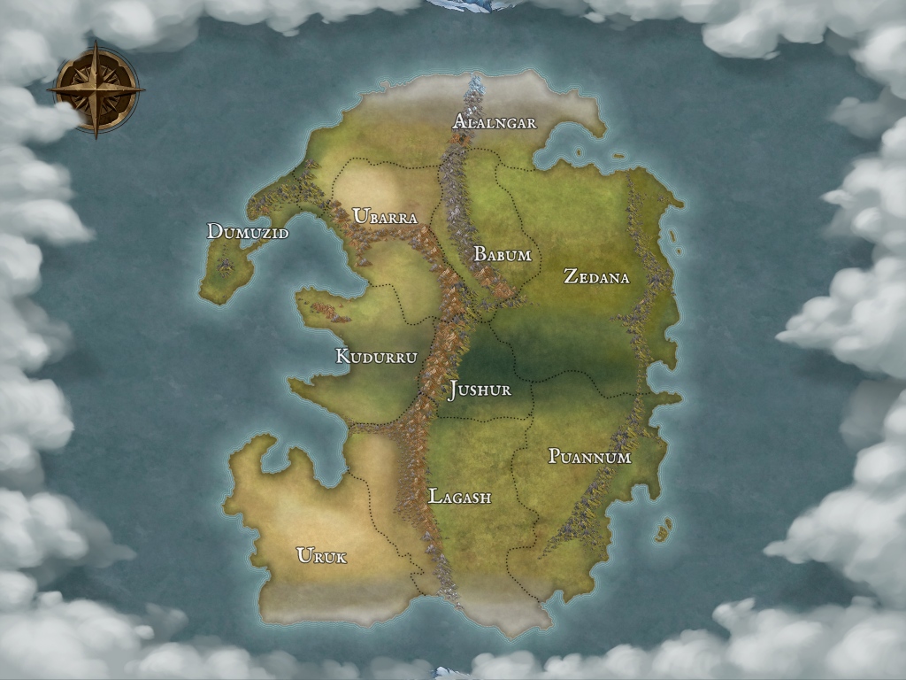A full color world map of Oram with a cloud frame