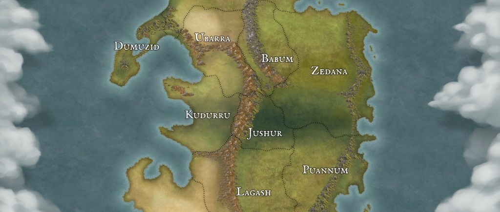 A full color world map of Oram with a cloud frame